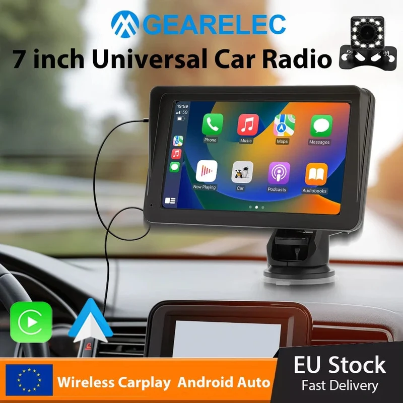 Tragbares Autoradio, Multimedia-Video-Player, kabellos, CarPlay, Android Auto, 7-Zoll-Touchscreen, mit AUX-FM für Rückfahrkamera