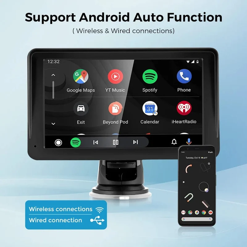 Tragbares Autoradio, Multimedia-Video-Player, kabellos, CarPlay, Android Auto, 7-Zoll-Touchscreen, mit AUX-FM für Rückfahrkamera