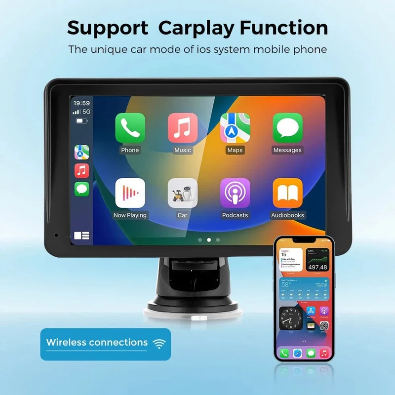 Tragbares Autoradio, Multimedia-Video-Player, kabellos, CarPlay, Android Auto, 7-Zoll-Touchscreen, mit AUX-FM für Rückfahrkamera