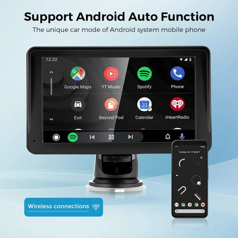 Tragbares Autoradio, Multimedia-Video-Player, kabellos, CarPlay, Android Auto, 7-Zoll-Touchscreen, mit AUX-FM für Rückfahrkamera