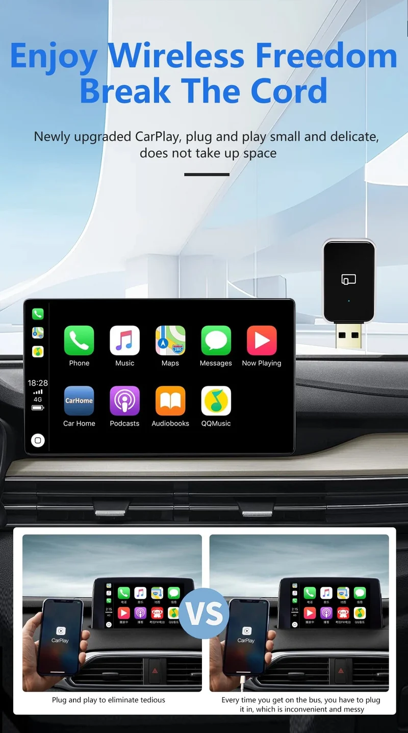 MINI Wireless Carplay 2-in-1-Adapter, automatisch verkabelt mit Wireless Carplay Android Auto USB AI Box Plug & Play, geeignet für OEM-Autos