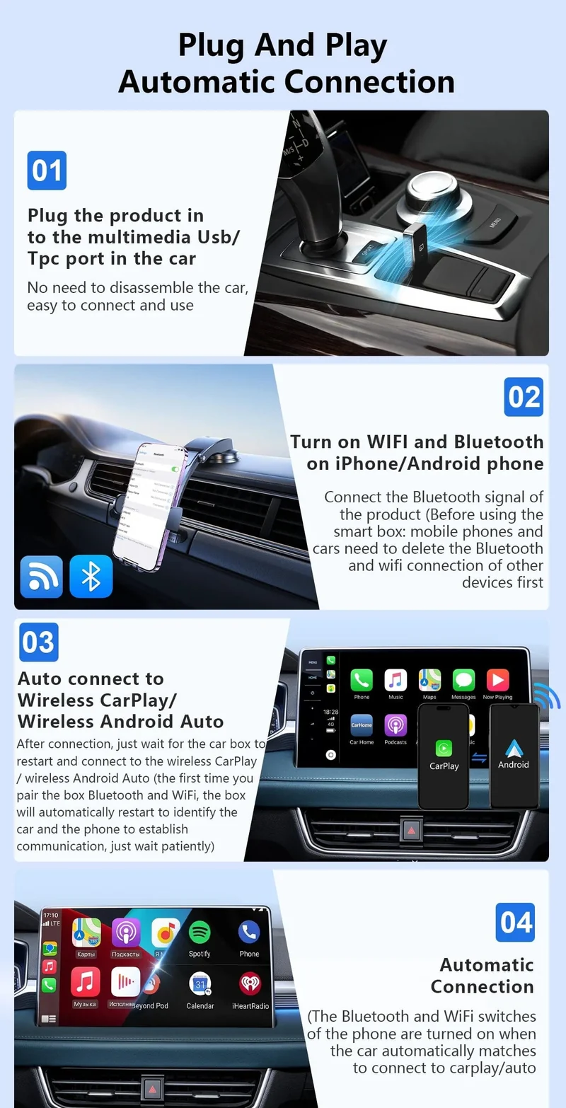 MINI Wireless Carplay 2-in-1-Adapter, automatisch verkabelt mit Wireless Carplay Android Auto USB AI Box Plug & Play, geeignet für OEM-Autos