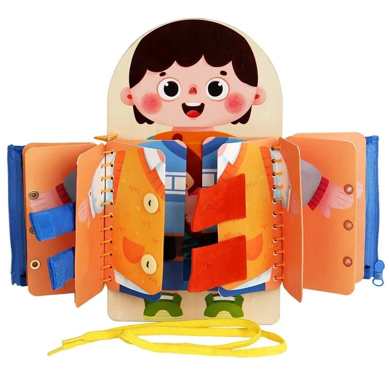 Montessori-Spielzeug, Früherziehung, Lebenskompetenzen für Kinder, Schnürsenkel binden, Reißverschlussschnallen, mehrschichtiges Holz-Beschäftigungsbrett, Puzzle-Geschenk