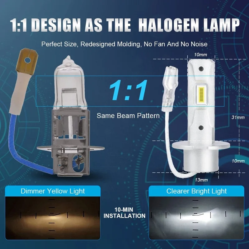 2 Stücke 1:1 Auto LED H1 H3 LED Canbus Scheinwerfer Birne 60W 12000Lm Weiß 6000K Mini für Auto Super helle LED Nebel Lichter 12V Lupuauto