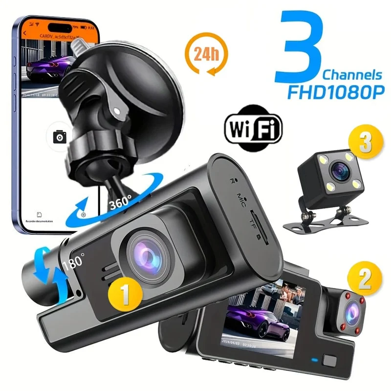 3-Kanal-WiFi-Dashcam, Rückfahrkamera mit IR-Nachtsicht-Loop-Aufnahme und 3-Zoll-IPS-Bildschirm, 1080P, 3 Kameras, Auto-DVR, Autozubehör