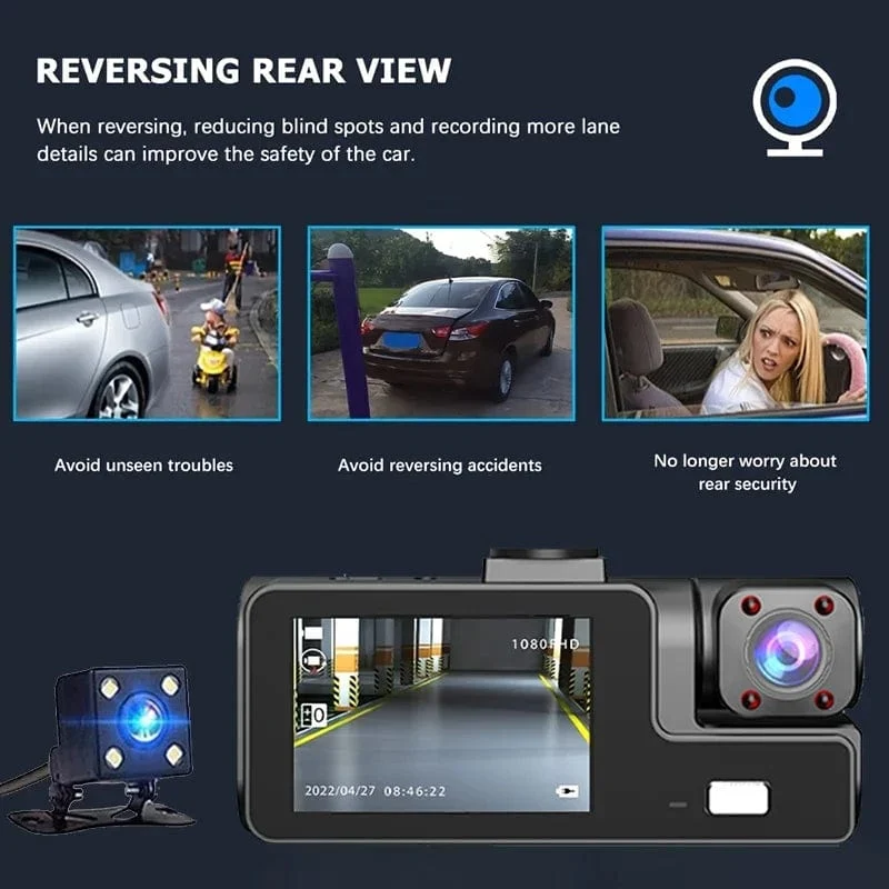 3-Kanal-WiFi-Dashcam, Rückfahrkamera mit IR-Nachtsicht-Loop-Aufnahme und 3-Zoll-IPS-Bildschirm, 1080P, 3 Kameras, Auto-DVR, Autozubehör