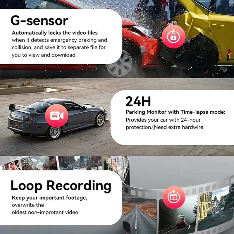 3-Kanal-WiFi-Dashcam, Rückfahrkamera mit IR-Nachtsicht-Loop-Aufnahme und 3-Zoll-IPS-Bildschirm, 1080P, 3 Kameras, Auto-DVR, Autozubehör