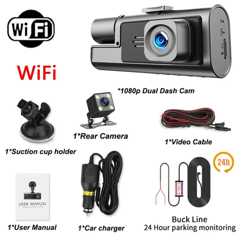3-Kanal-WiFi-Dashcam, Rückfahrkamera mit IR-Nachtsicht-Loop-Aufnahme und 3-Zoll-IPS-Bildschirm, 1080P, 3 Kameras, Auto-DVR, Autozubehör