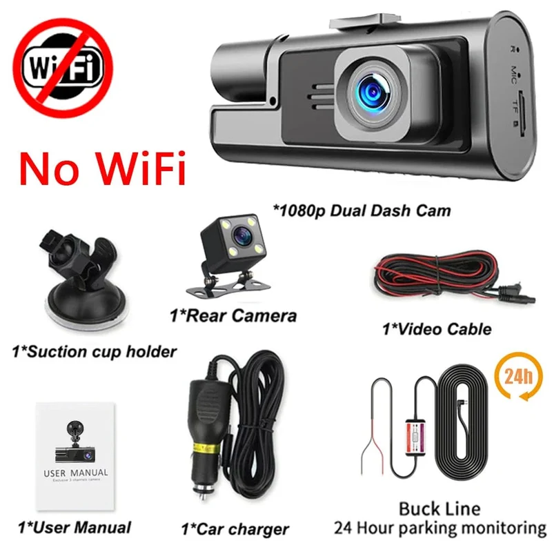 3-Kanal-WiFi-Dashcam, Rückfahrkamera mit IR-Nachtsicht-Loop-Aufnahme und 3-Zoll-IPS-Bildschirm, 1080P, 3 Kameras, Auto-DVR, Autozubehör