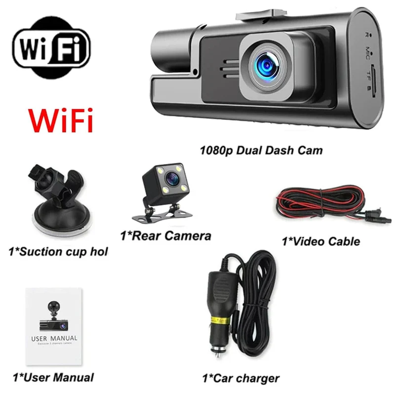 3-Kanal-WiFi-Dashcam, Rückfahrkamera mit IR-Nachtsicht-Loop-Aufnahme und 3-Zoll-IPS-Bildschirm, 1080P, 3 Kameras, Auto-DVR, Autozubehör