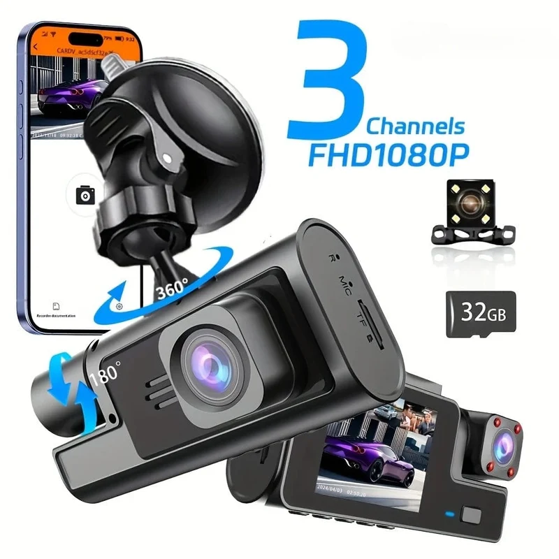 3-Kanal-WiFi-Dashcam, Rückfahrkamera mit IR-Nachtsicht-Loop-Aufnahme und 3-Zoll-IPS-Bildschirm, 1080P, 3 Kameras, Auto-DVR, Autozubehör