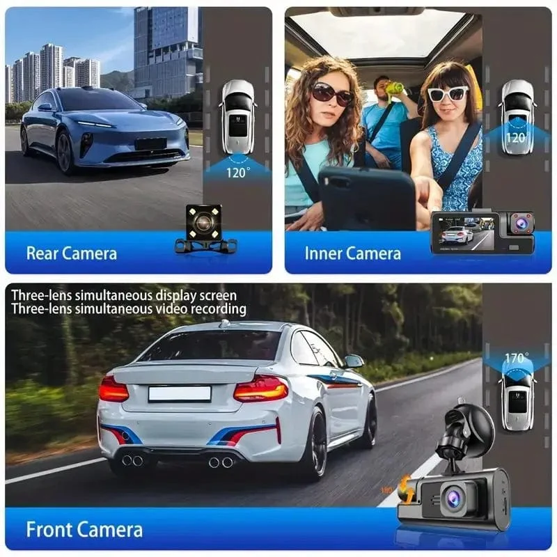 3-Kanal-WiFi-Dashcam, Rückfahrkamera mit IR-Nachtsicht-Loop-Aufnahme und 3-Zoll-IPS-Bildschirm, 1080P, 3 Kameras, Auto-DVR, Autozubehör