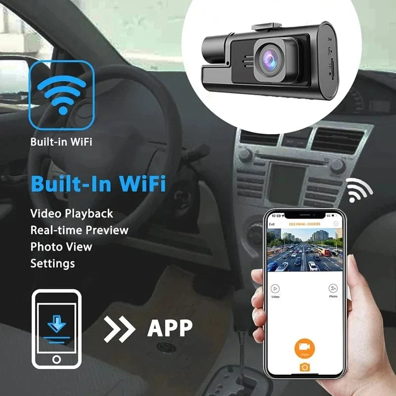 3-Kanal-WiFi-Dashcam, Rückfahrkamera mit IR-Nachtsicht-Loop-Aufnahme und 3-Zoll-IPS-Bildschirm, 1080P, 3 Kameras, Auto-DVR, Autozubehör