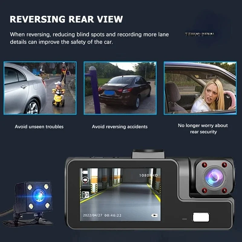 3-Kanal-WiFi-Dashcam, Rückfahrkamera mit IR-Nachtsicht-Loop-Aufnahme und 3-Zoll-IPS-Bildschirm, 1080P, 3 Kameras, Auto-DVR, Autozubehör