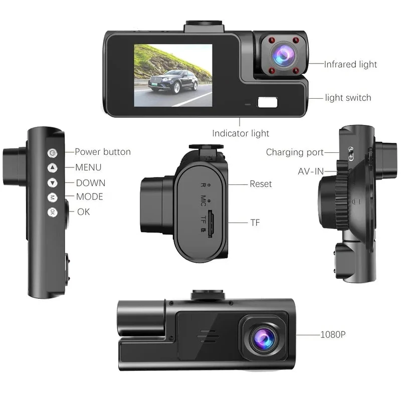 3-Kanal-WiFi-Dashcam, Rückfahrkamera mit IR-Nachtsicht-Loop-Aufnahme und 3-Zoll-IPS-Bildschirm, 1080P, 3 Kameras, Auto-DVR, Autozubehör