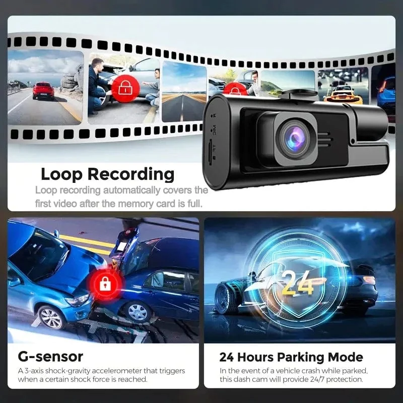 3-Kanal-WiFi-Dashcam, Rückfahrkamera mit IR-Nachtsicht-Loop-Aufnahme und 3-Zoll-IPS-Bildschirm, 1080P, 3 Kameras, Auto-DVR, Autozubehör