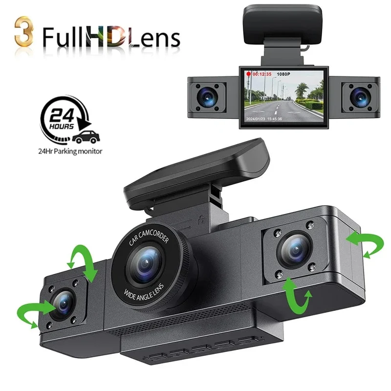 3-Kanal-Dashcam-Videorecorder, drei Objektive, Autokamera mit Rückansicht DVR, 24-Stunden-Parkmonitor, Black Box, Autozubehör
