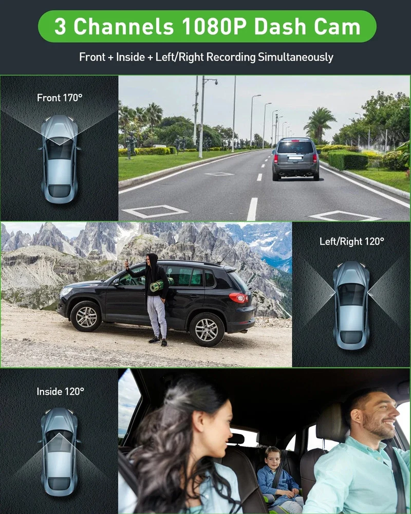 3-Kanal-Dashcam-Videorecorder, drei Objektive, Autokamera mit Rückansicht DVR, 24-Stunden-Parkmonitor, Black Box, Autozubehör