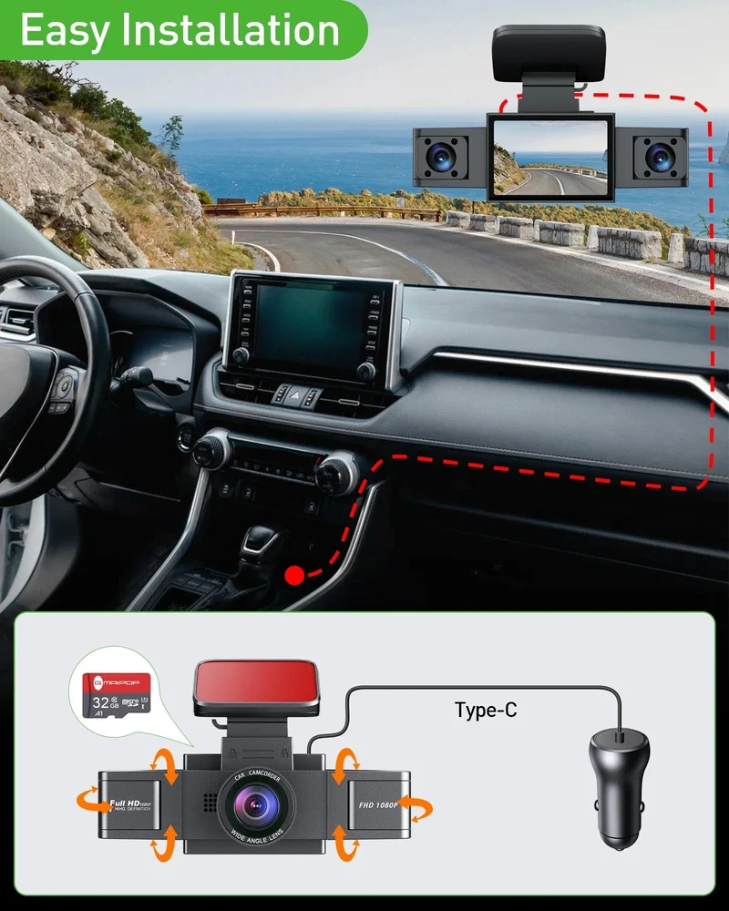 3-Kanal-Dashcam-Videorecorder, drei Objektive, Autokamera mit Rückansicht DVR, 24-Stunden-Parkmonitor, Black Box, Autozubehör