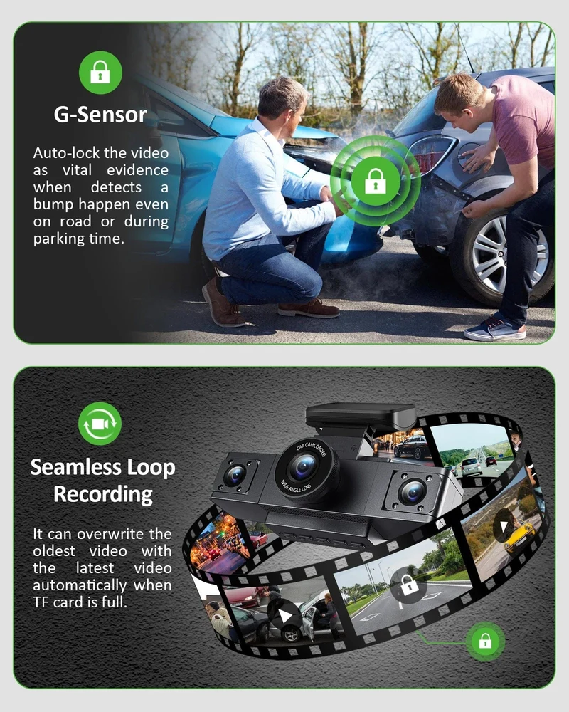3-Kanal-Dashcam-Videorecorder, drei Objektive, Autokamera mit Rückansicht DVR, 24-Stunden-Parkmonitor, Black Box, Autozubehör