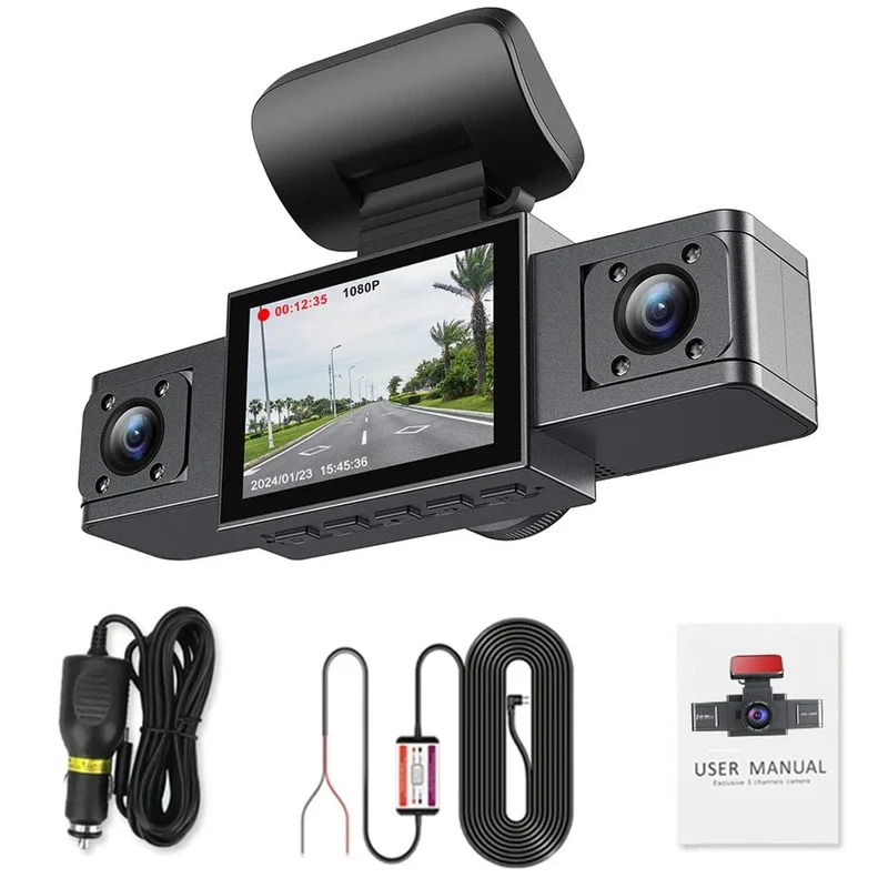 3-Kanal-Dashcam-Videorecorder, drei Objektive, Autokamera mit Rückansicht DVR, 24-Stunden-Parkmonitor, Black Box, Autozubehör