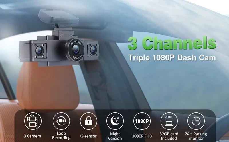 3-Kanal-Dashcam-Videorecorder, drei Objektive, Autokamera mit Rückansicht DVR, 24-Stunden-Parkmonitor, Black Box, Autozubehör