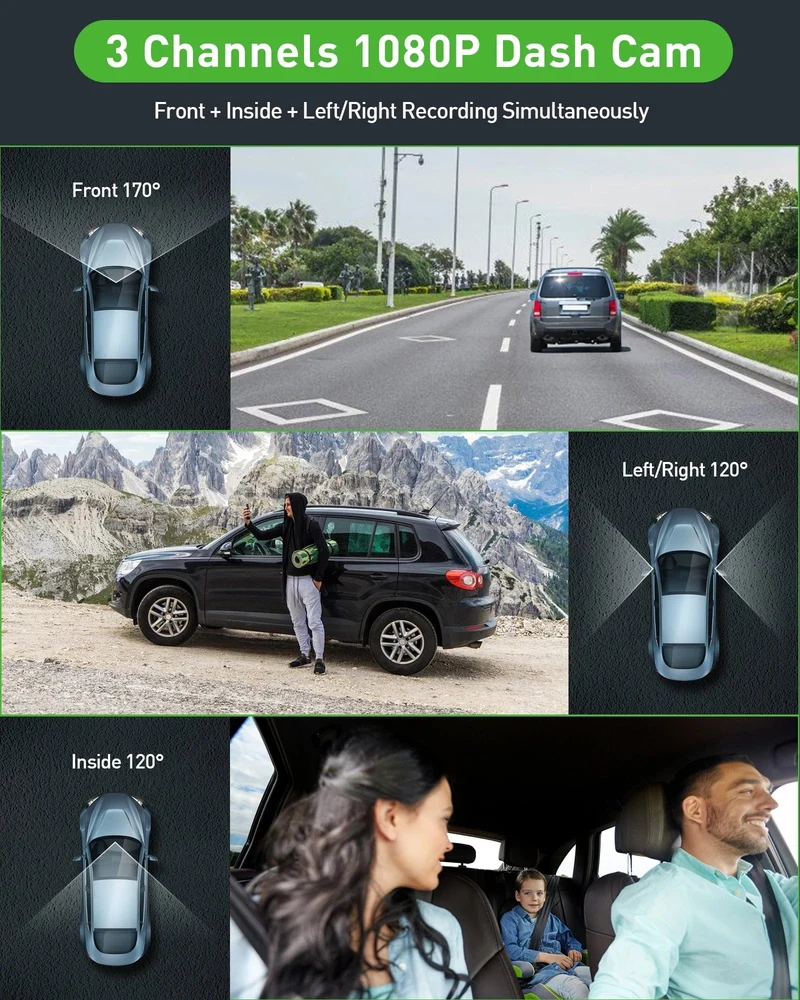 3-Kanal-Dashcam-Videorecorder, drei Objektive, Autokamera mit Rückansicht DVR, 24-Stunden-Parkmonitor, Black Box, Autozubehör