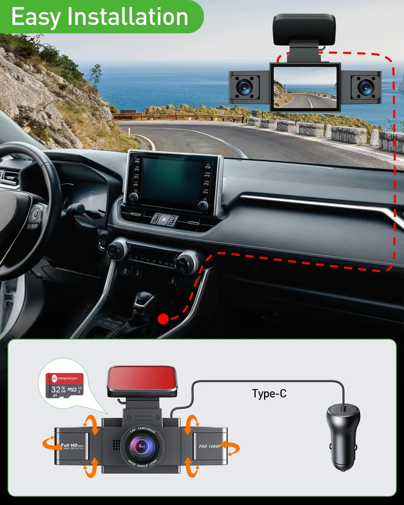 3-Kanal-Dashcam-Videorecorder, drei Objektive, Autokamera mit Rückansicht DVR, 24-Stunden-Parkmonitor, Black Box, Autozubehör