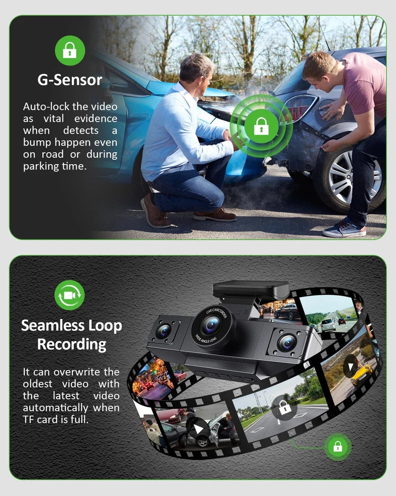 3-Kanal-Dashcam-Videorecorder, drei Objektive, Autokamera mit Rückansicht DVR, 24-Stunden-Parkmonitor, Black Box, Autozubehör