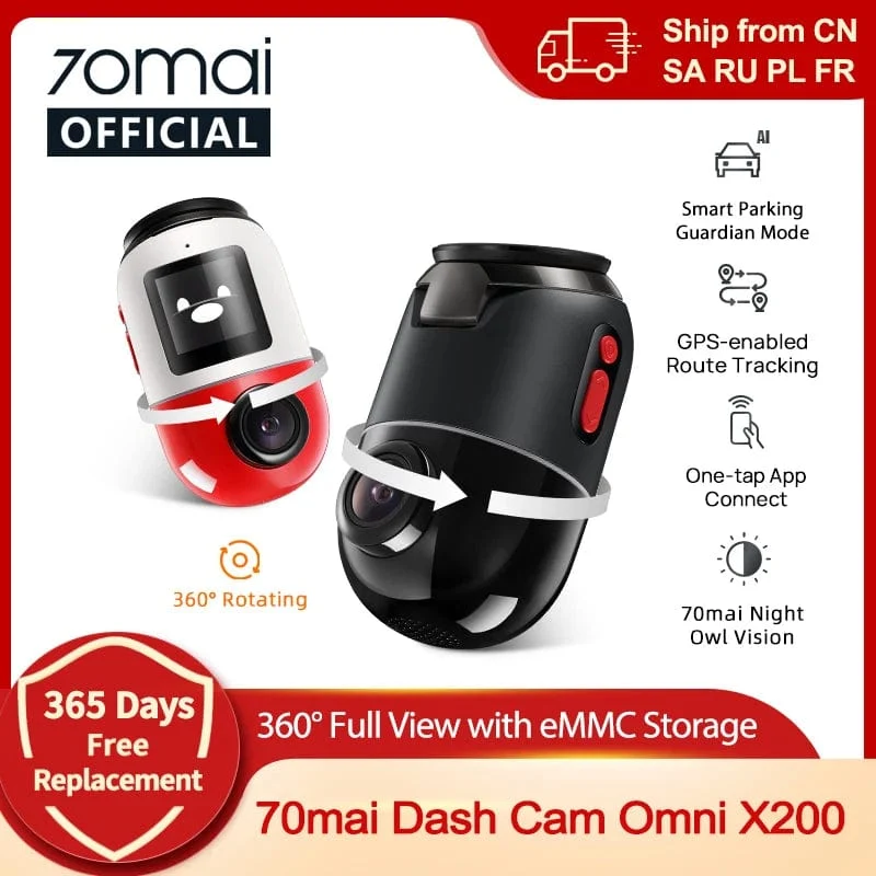 70mai Dash Cam Omni X200 360 ° Volle Ansicht Eingebautes GPS ADAS 70mai Auto DVR X200 Kamera 24H Parkmonitor eMMC Speicher AI Motion