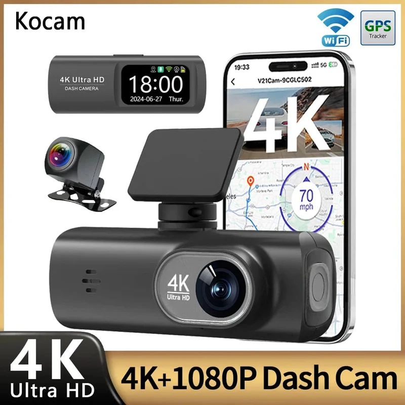 UHD 4K Dashcam Dual Lens Fahrrekorder Auto DVR 1080P Rückfahrkamera Eingebautes WiFi GPS 24-Stunden-Parküberwachung Black Box