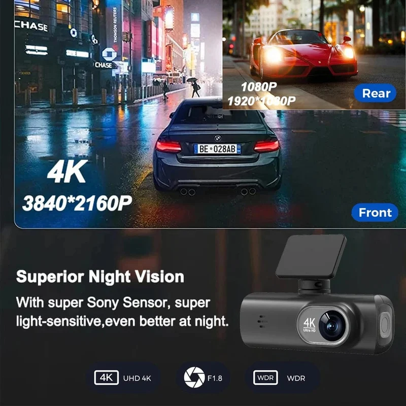 UHD 4K Dashcam Dual Lens Fahrrekorder Auto DVR 1080P Rückfahrkamera Eingebautes WiFi GPS 24-Stunden-Parküberwachung Black Box
