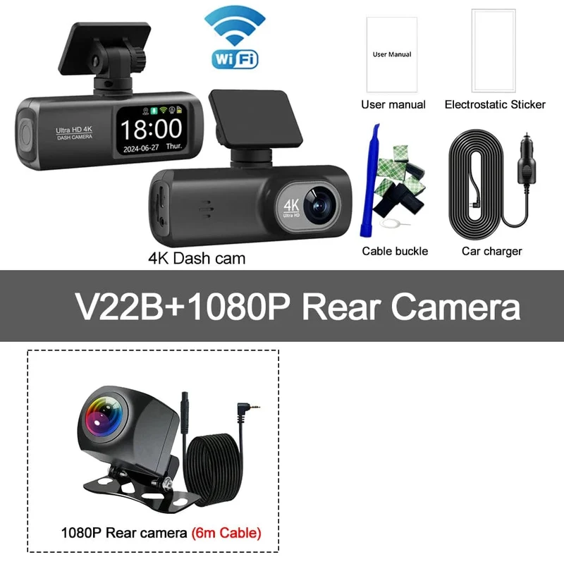 UHD 4K Dashcam Dual Lens Fahrrekorder Auto DVR 1080P Rückfahrkamera Eingebautes WiFi GPS 24-Stunden-Parküberwachung Black Box