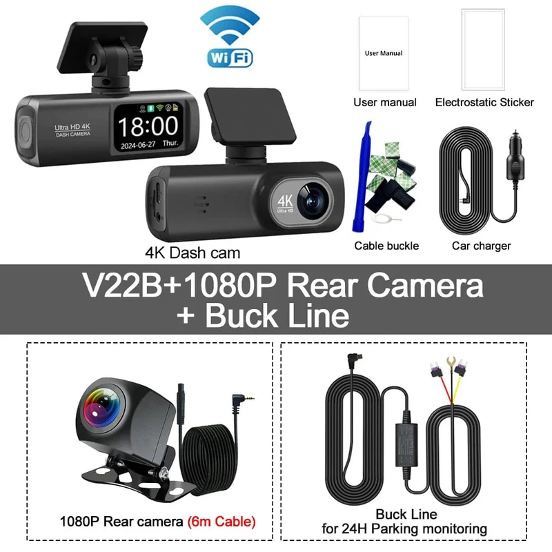 UHD 4K Dashcam Dual Lens Fahrrekorder Auto DVR 1080P Rückfahrkamera Eingebautes WiFi GPS 24-Stunden-Parküberwachung Black Box