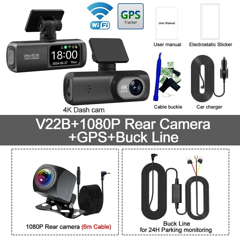 UHD 4K Dashcam Dual Lens Fahrrekorder Auto DVR 1080P Rückfahrkamera Eingebautes WiFi GPS 24-Stunden-Parküberwachung Black Box