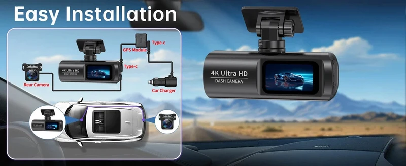 UHD 4K Dashcam Dual Lens Fahrrekorder Auto DVR 1080P Rückfahrkamera Eingebautes WiFi GPS 24-Stunden-Parküberwachung Black Box