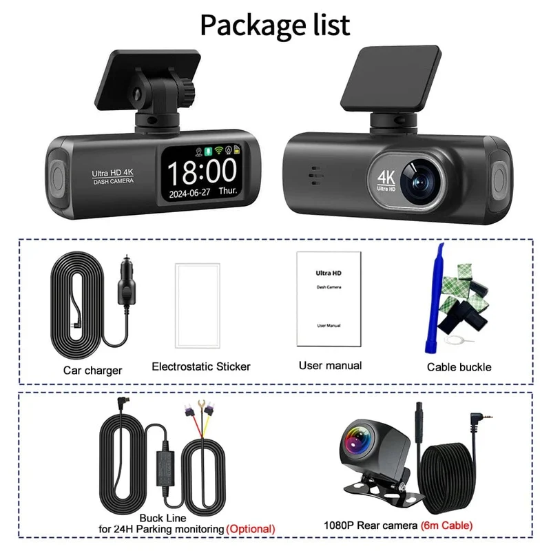 UHD 4K Dashcam Dual Lens Fahrrekorder Auto DVR 1080P Rückfahrkamera Eingebautes WiFi GPS 24-Stunden-Parküberwachung Black Box