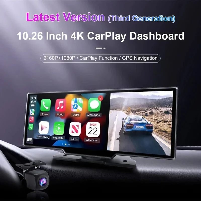 10.26" Dashcam 4K 3840x2160 Kabelloses Carplay und Android Auto-Navigation Sprachsteuerung Auto-DVR Rückfahrkamera BT-Monitorbildschirm
