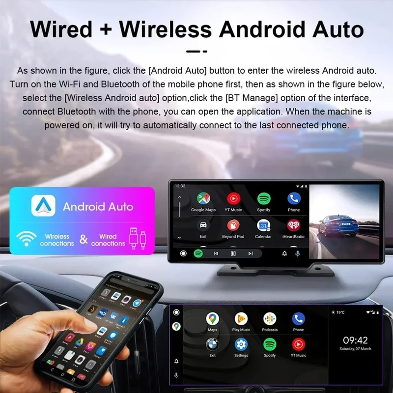 10.26" Dashcam 4K 3840x2160 Kabelloses Carplay und Android Auto-Navigation Sprachsteuerung Auto-DVR Rückfahrkamera BT-Monitorbildschirm