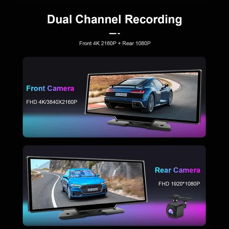 10.26" Dashcam 4K 3840x2160 Kabelloses Carplay und Android Auto-Navigation Sprachsteuerung Auto-DVR Rückfahrkamera BT-Monitorbildschirm