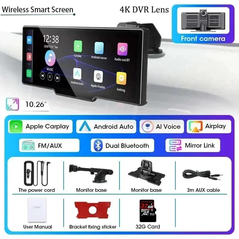 10.26" Dashcam 4K 3840x2160 Kabelloses Carplay und Android Auto-Navigation Sprachsteuerung Auto-DVR Rückfahrkamera BT-Monitorbildschirm