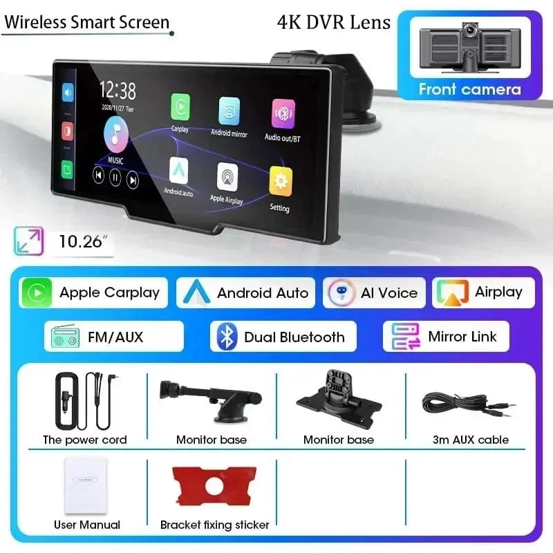 10.26" Dashcam 4K 3840x2160 Kabelloses Carplay und Android Auto-Navigation Sprachsteuerung Auto-DVR Rückfahrkamera BT-Monitorbildschirm