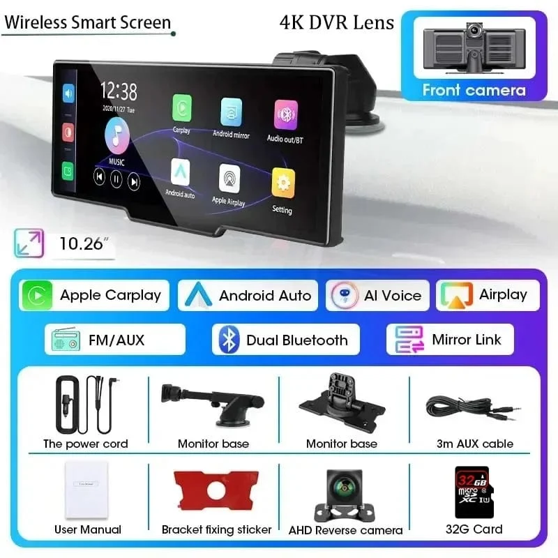 10.26" Dashcam 4K 3840x2160 Kabelloses Carplay und Android Auto-Navigation Sprachsteuerung Auto-DVR Rückfahrkamera BT-Monitorbildschirm