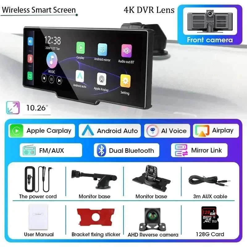 10.26" Dashcam 4K 3840x2160 Kabelloses Carplay und Android Auto-Navigation Sprachsteuerung Auto-DVR Rückfahrkamera BT-Monitorbildschirm
