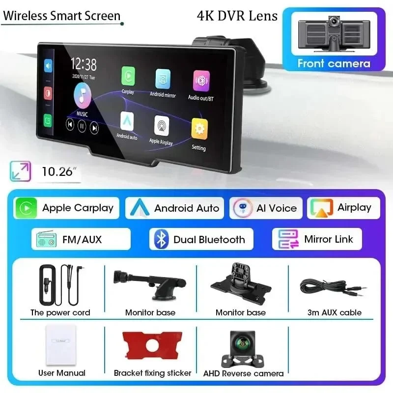 10.26" Dashcam 4K 3840x2160 Kabelloses Carplay und Android Auto-Navigation Sprachsteuerung Auto-DVR Rückfahrkamera BT-Monitorbildschirm