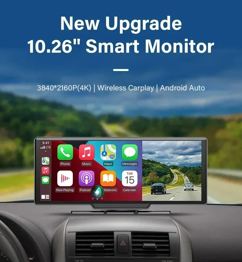 10.26" Dashcam 4K 3840x2160 Kabelloses Carplay und Android Auto-Navigation Sprachsteuerung Auto-DVR Rückfahrkamera BT-Monitorbildschirm