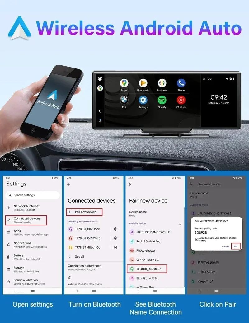 10.26" Dashcam 4K 3840x2160 Kabelloses Carplay und Android Auto-Navigation Sprachsteuerung Auto-DVR Rückfahrkamera BT-Monitorbildschirm