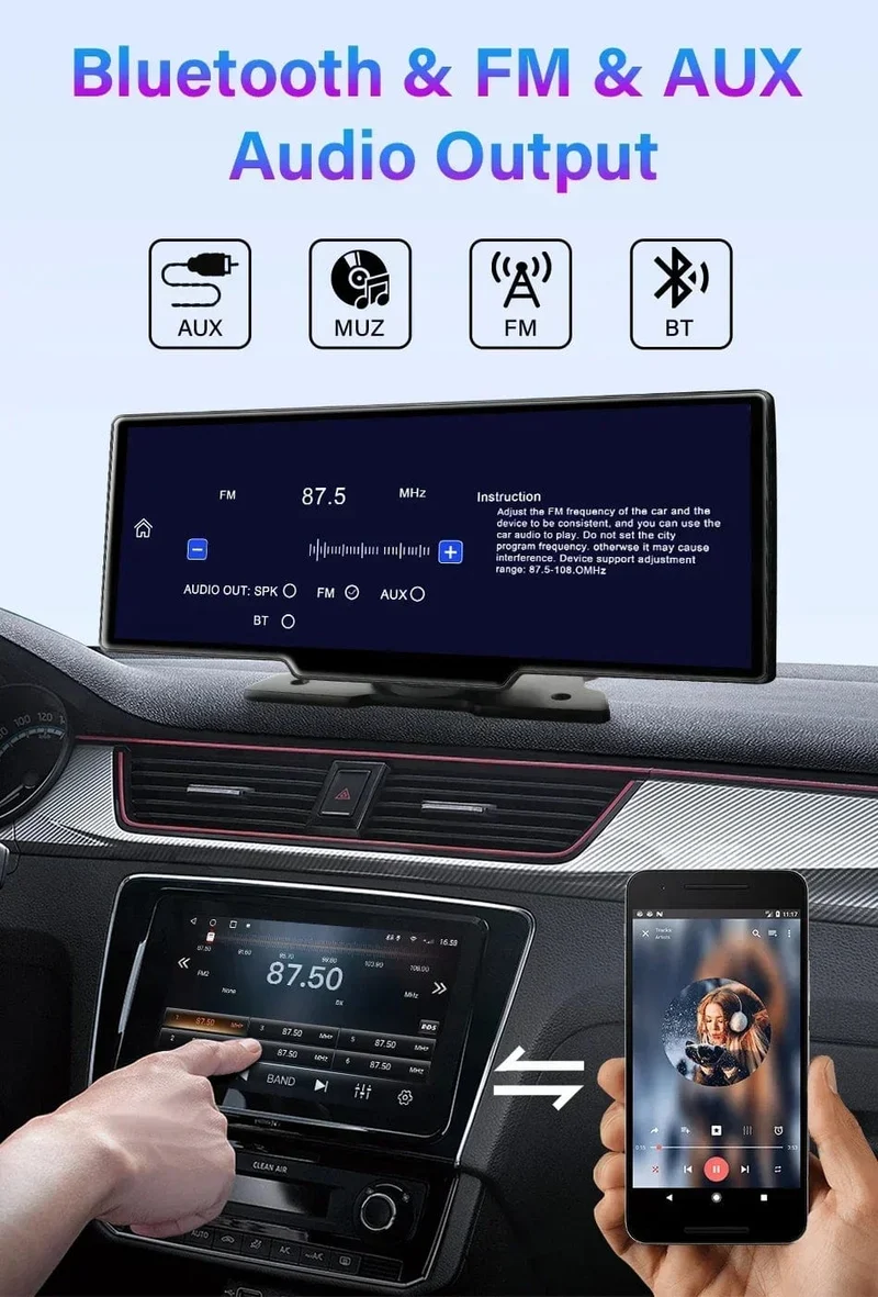 10.26" Dashcam 4K 3840x2160 Kabelloses Carplay und Android Auto-Navigation Sprachsteuerung Auto-DVR Rückfahrkamera BT-Monitorbildschirm