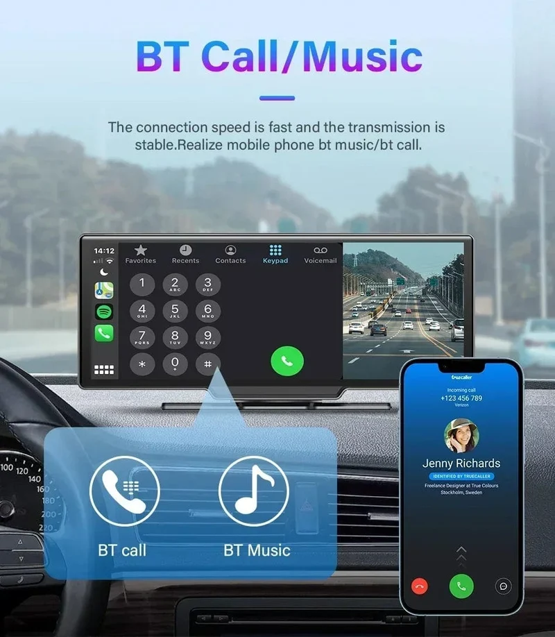 10.26" Dashcam 4K 3840x2160 Kabelloses Carplay und Android Auto-Navigation Sprachsteuerung Auto-DVR Rückfahrkamera BT-Monitorbildschirm