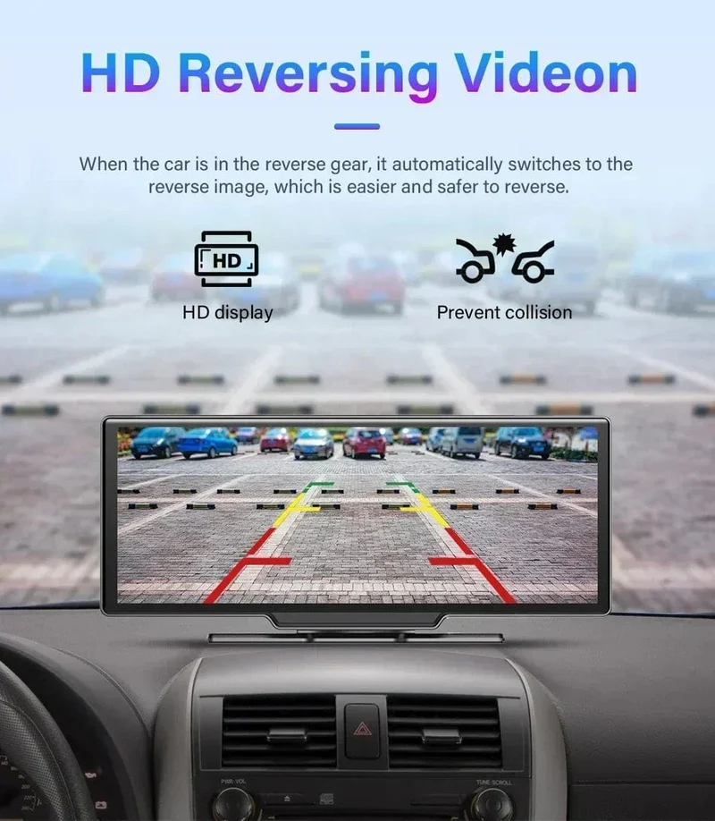 10.26" Dashcam 4K 3840x2160 Kabelloses Carplay und Android Auto-Navigation Sprachsteuerung Auto-DVR Rückfahrkamera BT-Monitorbildschirm